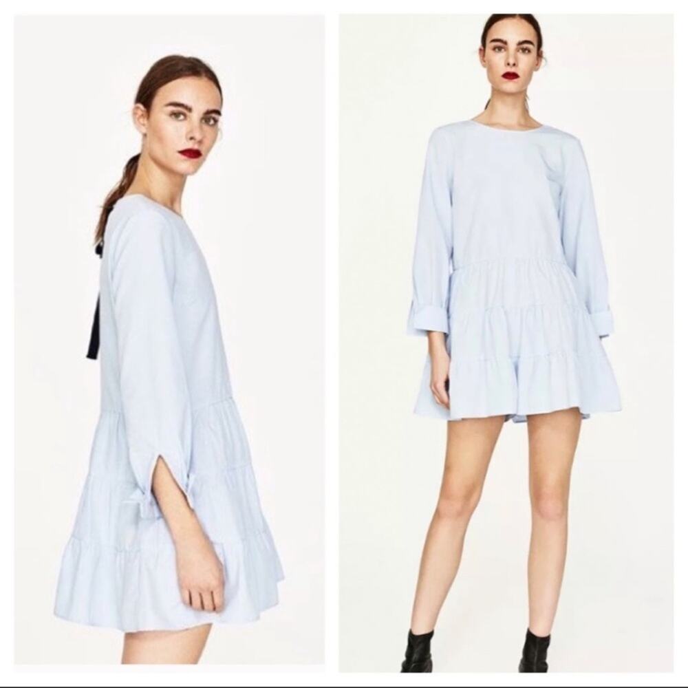 ZARA Blue Long Sleeve Tiered Ruffle Hem Romper Size S NWOT